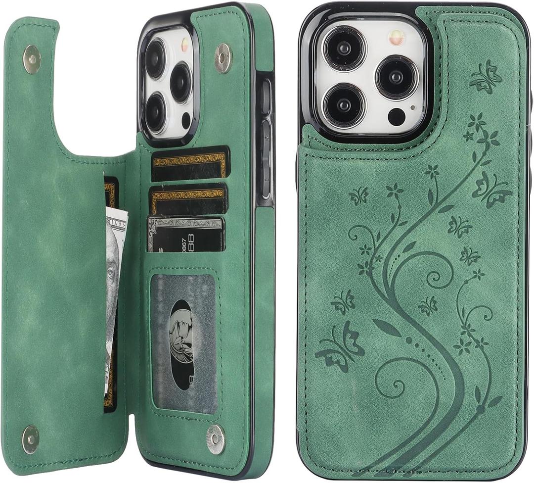 Vaburs Compatible with iPhone 15 Pro Max Case Wallet with Card Holder,Embossed Butterfly Pattern PU Leather Double Buttons Flip Protective Shockproof Cover for Magnetic Car Mount 6.7 Inch (Dark Green)