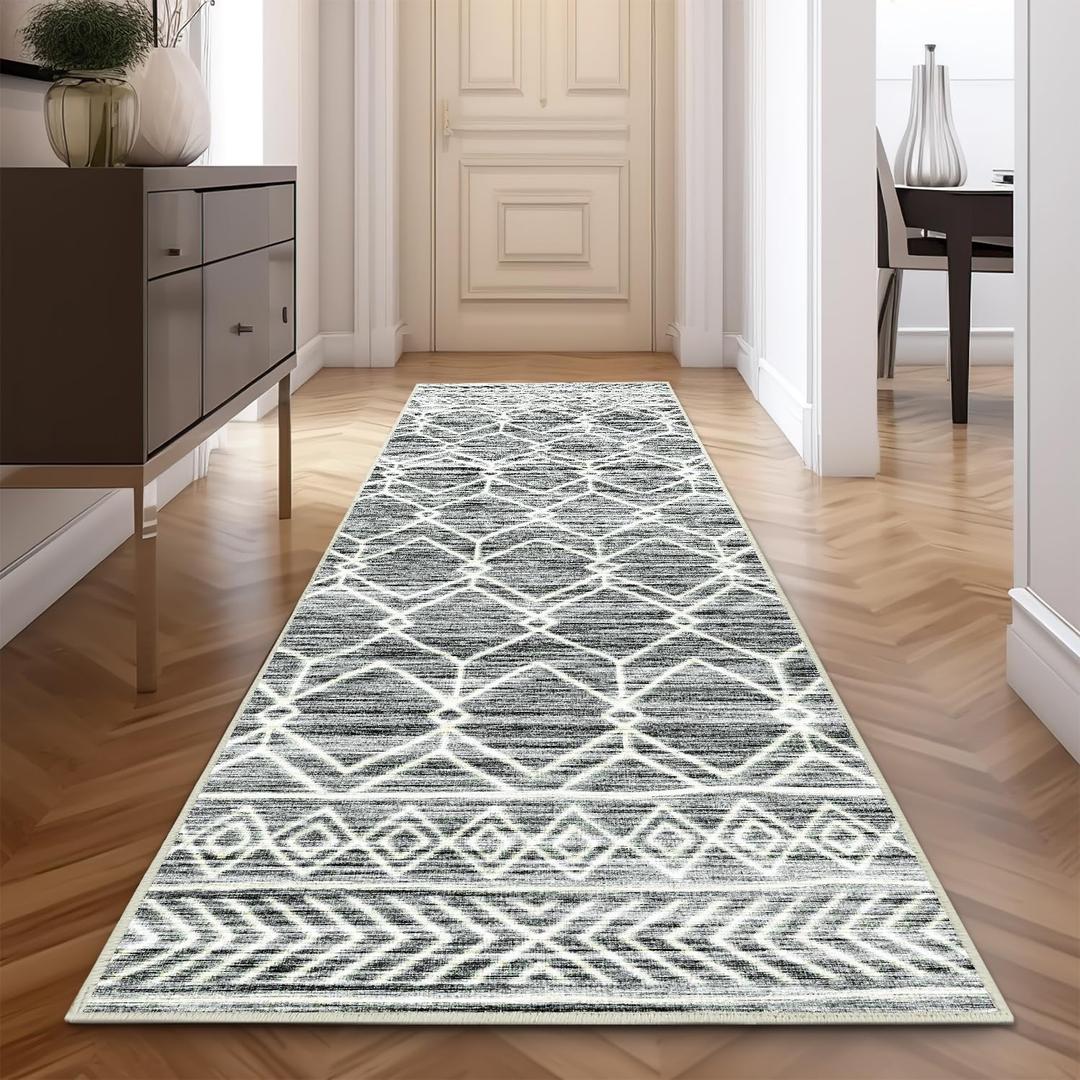 jinchan Moroccan Runner Rug 3x7 - Kitchen Machine Washable Runner Rug Modern Geometric Low-Pile Lightweight Non-Slip Carpet for Entryway Hallway Laundry Room Bedroom Bedside (3x7ft,Grey)