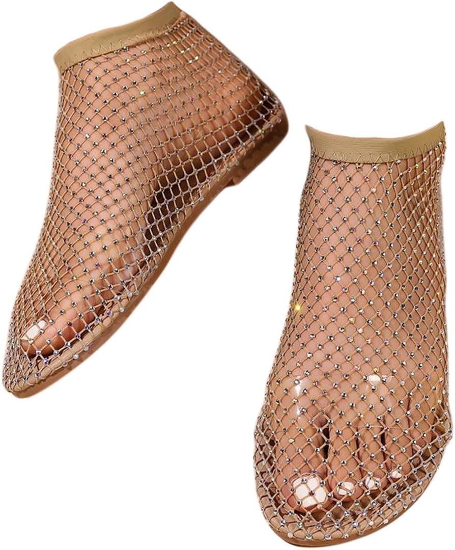 Ultra Comfortable Mesh Flats for Women Fishnet Sandals Low Heel Slip on Rhinestone Shoes, 7, Gold