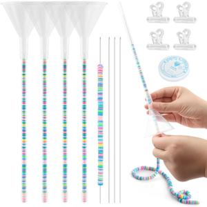 NOWHYX 4 Pack Beading Funnel Bracelet Making Kit, with 1Roll Crystal Elastic String Clay Bead Beading Tools Kit for 0.24" Clay Beads for Jewelry Making, Bracelets, Necklaces(Color:Transparent)