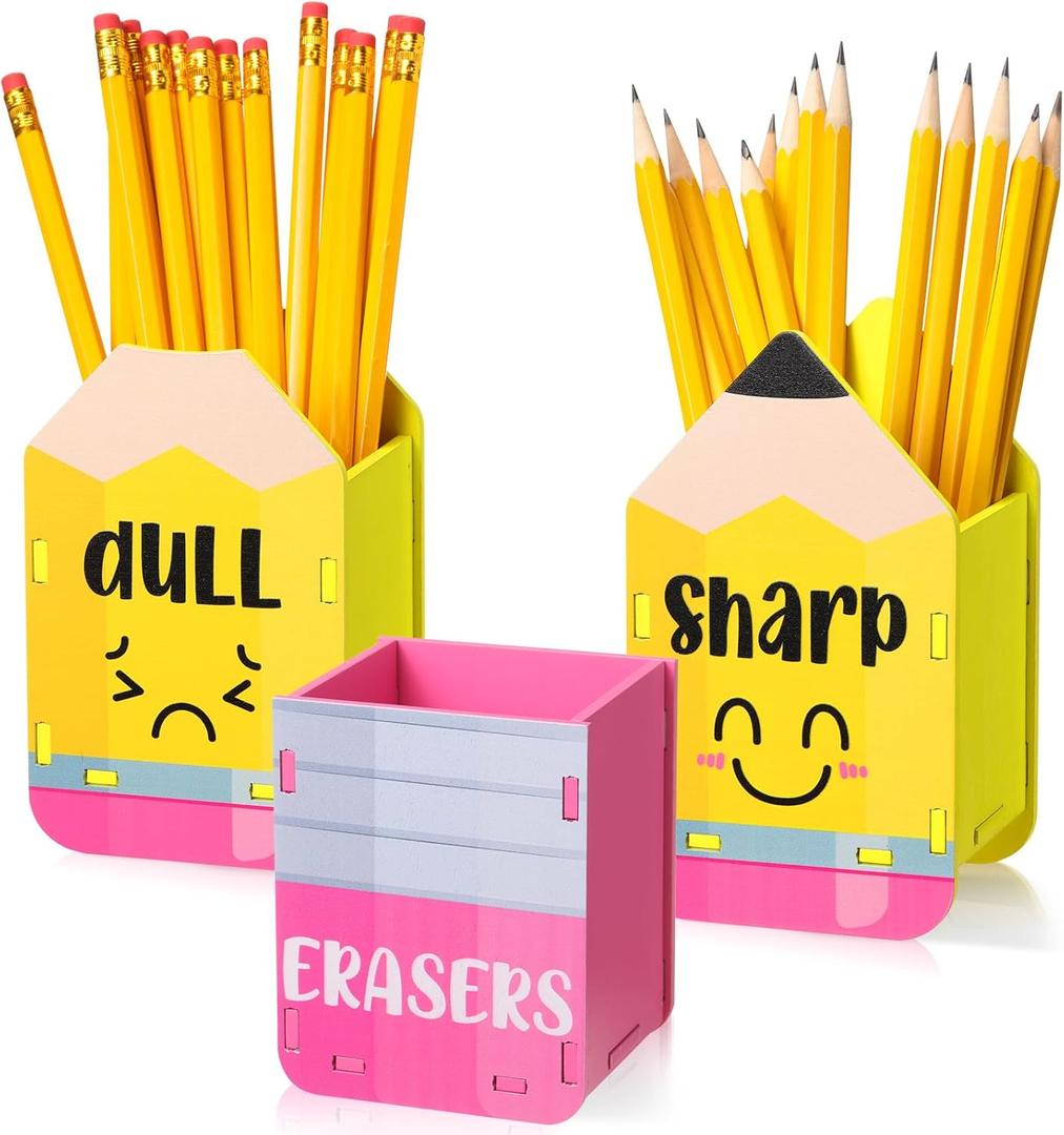 DoubleFill 3 Pcs Sharp and Dull Pencil Holder Eraser Buckets Wooden Shaped Dispenser for Back to School Teachers Classroom Management(Yellow Face)