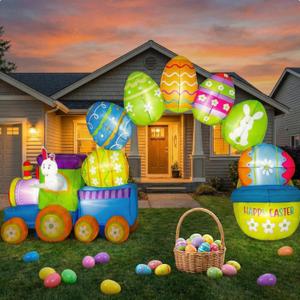Shellwei 11.8FT Long Easter Inflatable Archway with LED Light Blow up Giant Archway with Rabbit and Easter Eggs Train Outdoor Decoration Bunny Inflatable Yard Decorations for Party