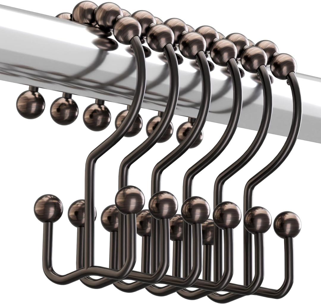 Titanker Shower Curtain Hooks Rings, Rust-Resistant Metal Double Glide Shower Hooks for Bathroom Shower Rods Curtains, Set of 12 Hooks - Bronze