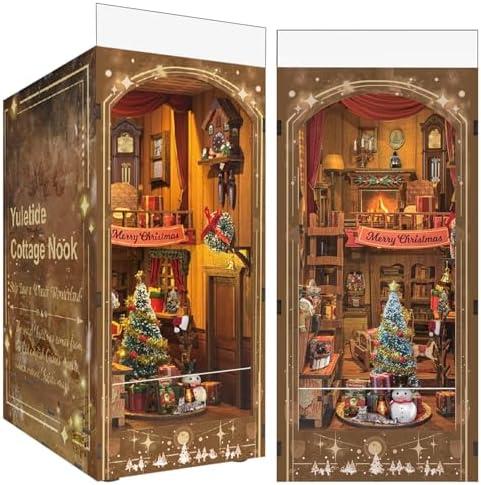 Book Nook, Christmas Cottage 3D Wooden Puzzle with LED Lights, DIY Festive Holiday Bookend Decor, Cozy Winter Scene with Christmas Tree, Wreath, and Snowman