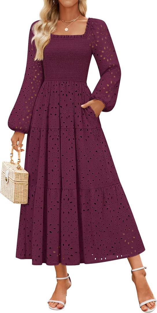 ZESICA Women's Fall Long Sleeve Maxi Dresses 2026 Square Neck Hollow Out Eyelet Smocked A Line Cocktail Party Dress, Fuchsia, Large