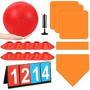 Jenaai 18 Pcs Sports Kickball Set Includes Playground Ball 5 Rubber Bases Ball Pump Scoreboard Net Bag 10 Foul Line Cones for Adults Playground Backyard Game(10 Inch, Orange)