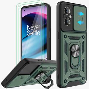 for OnePlus Nord N20 5G Case with Slide Camera Cover and 2pcs HD Screen Protector, 360° Rotation Ring Kickstand [Military Grade] Case for OnePlus Nord N20 5G -Green