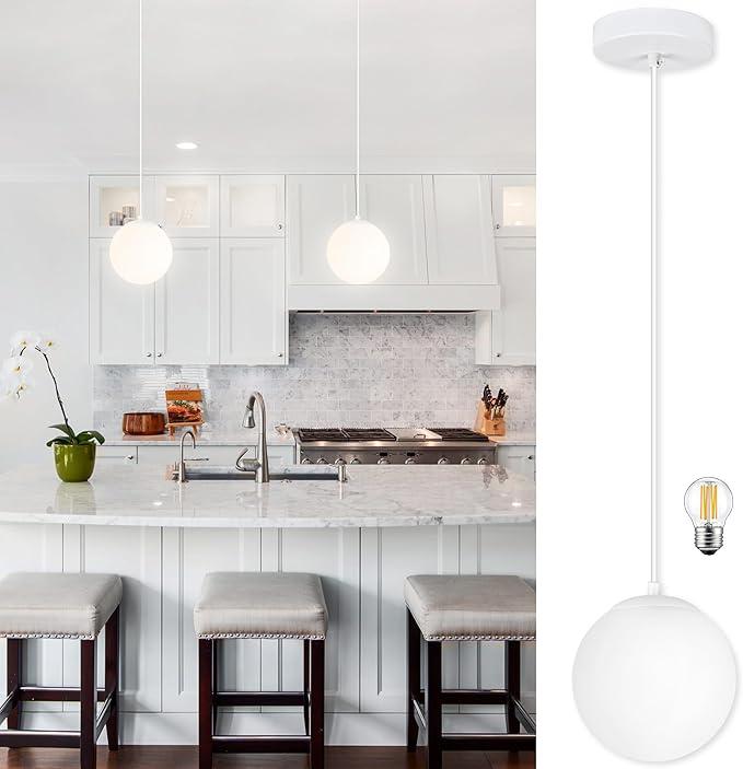 KoKo&Yukina 6 Inch Globe Pendant Light White Globe Pendant Lights Kitchen Island Mid Century Light Fixture with Milky White Glass Shade for Dining Room Living Room