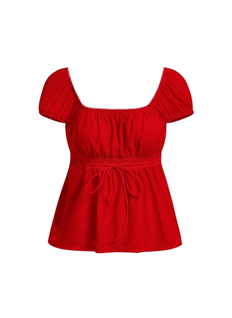SOLY HUX Women's Square Neck Short Sleeve Peplum Tops Tie Front Summer Tee Shirt Streetwear