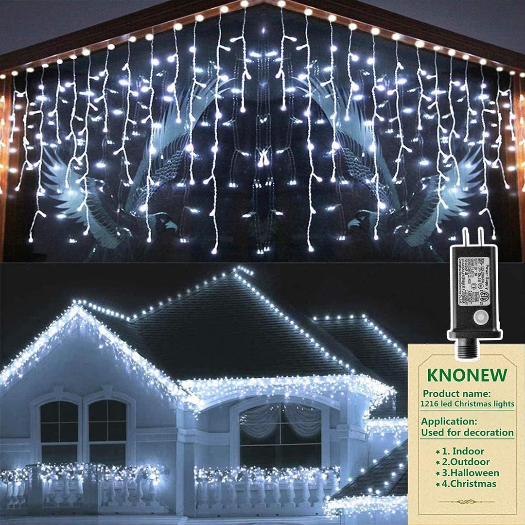 KNONEW 99FT 1216 LED Christmas Lights Outdoor Decorations 8 Modes White Curtain String Light with 228 Drops, Clear Wire LED String Light Indoor Decor for Wedding Party Holiday Christmas KNONEW 99FT 1216 LED Christmas Lights Outdoor Decorations 8 Modes White Curtain String Light with 228 Drops, Clear Wire LED String Light Indoor Decor for Wedding Party Holiday Christmas