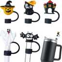 5PCS Halloween Straw Toppers 10mm, Silicone Straw Tips Covers Caps for Tumblers Stanley Straws - Stanley Cup Accessories Tumbler Accessories (Hallows Black)