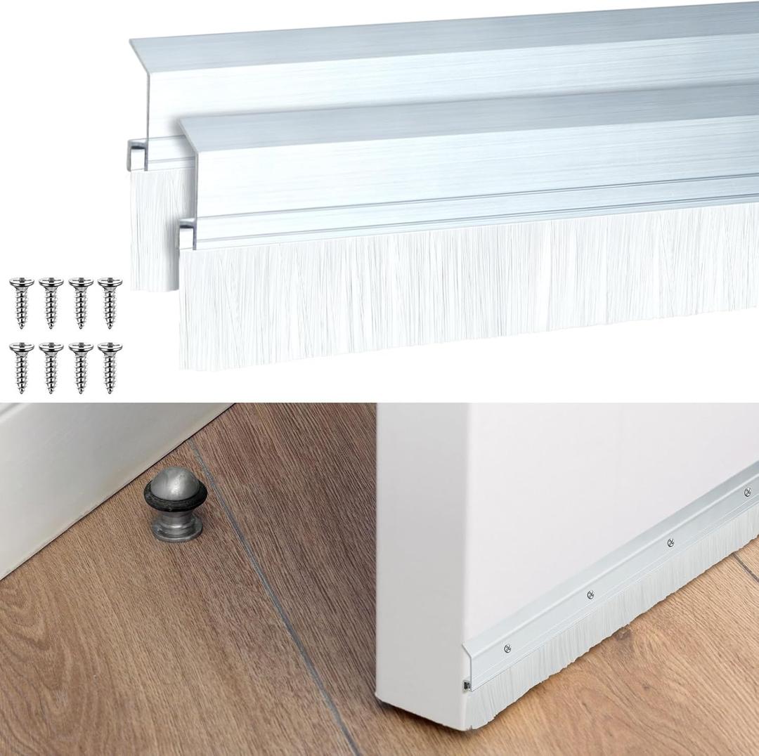 Hushee 2 Pcs 36 Inches Brush Door Sweep for Exterior, Aluminum Commercial Door Sweep Bottom All-Season Alloy Brush for Exterior and Interior Sealing Gaps Keeps Cold Air, Dust Out (White)