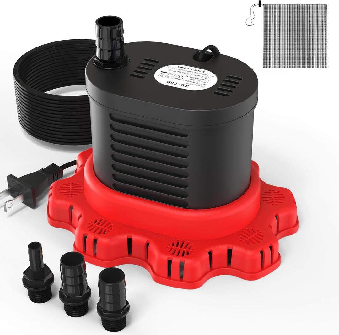 AgiiMan Pool Cover Pump Above Ground - 850 GPH Submersible Water Pump for Pool Draining, Portable Small Sump Pumps with 16' Drainage Hose and 25' Power Cord, 3 Adapters, Black