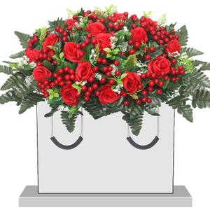 Christmas Artificial Cemetery Flowers,Artificial Cemetery Flowers Saddle for Outdoor Gravesite Tombstone Decorations,Roses and Artificial Red Berries Stems Ornaments