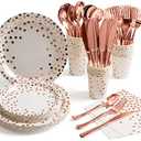 HOMIX 175 Pieces Rose Gold Party Supplies - Rose Gold Dot on White Paper Plates and Napkins Cups Silverware Serves 25 Sets for Wedding Bridal Shower Engagement Birthday Parties