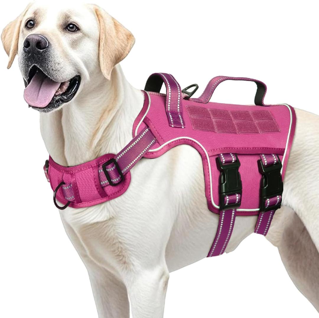 Dog Harness for Large Dogs Heavy Duty, No Pull Tactical Dog Harness with Molle System, Easy On and Off Service Dog Vest, Breathable Padded, Adjustable Reflective Pet Vest for Walking Hiking Training (L(Neck:18-24",Chest:25-36"),45-80 lbs, Pink)