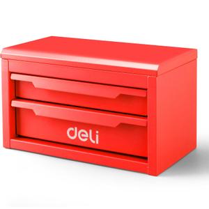 DELI Mini Tool Box with 2 Drawers and Top Storage, Small Metal Tool Box for Garage, Office, Vanity. Perfect for Small Item Storage Organizer, Red