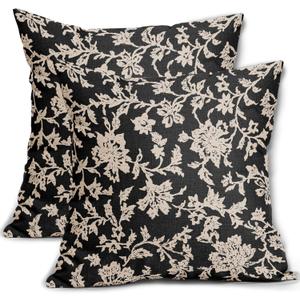 Black Floral Pillow Covers 20x20 Set of 2 Brown Cream Vintage Flower Block Print Pattern Decorative Throw Pillowcases Outdoor Rustic Farmhouse Square Cushion Cases Decor for Home Couch Sofa Bed