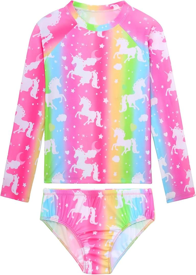 Girls Rash Guard Swimsuit Long Sleeve Two Pieces Bathing Suit | Tankini Swimwear with Briefs, Toddler Kids Design, Adorable Swimwear, UPF 50+ Sun Protection, Quick Dry