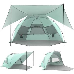 Elegear CumbreX™ Beach Tent with 360° Removable Canopy, 4-6 Person Pop Up Sun Shade Shelter, UPF 50+ Automated Installation Double Silver Coating Portable Lightweight Beach Cabana for Outdoor - Green