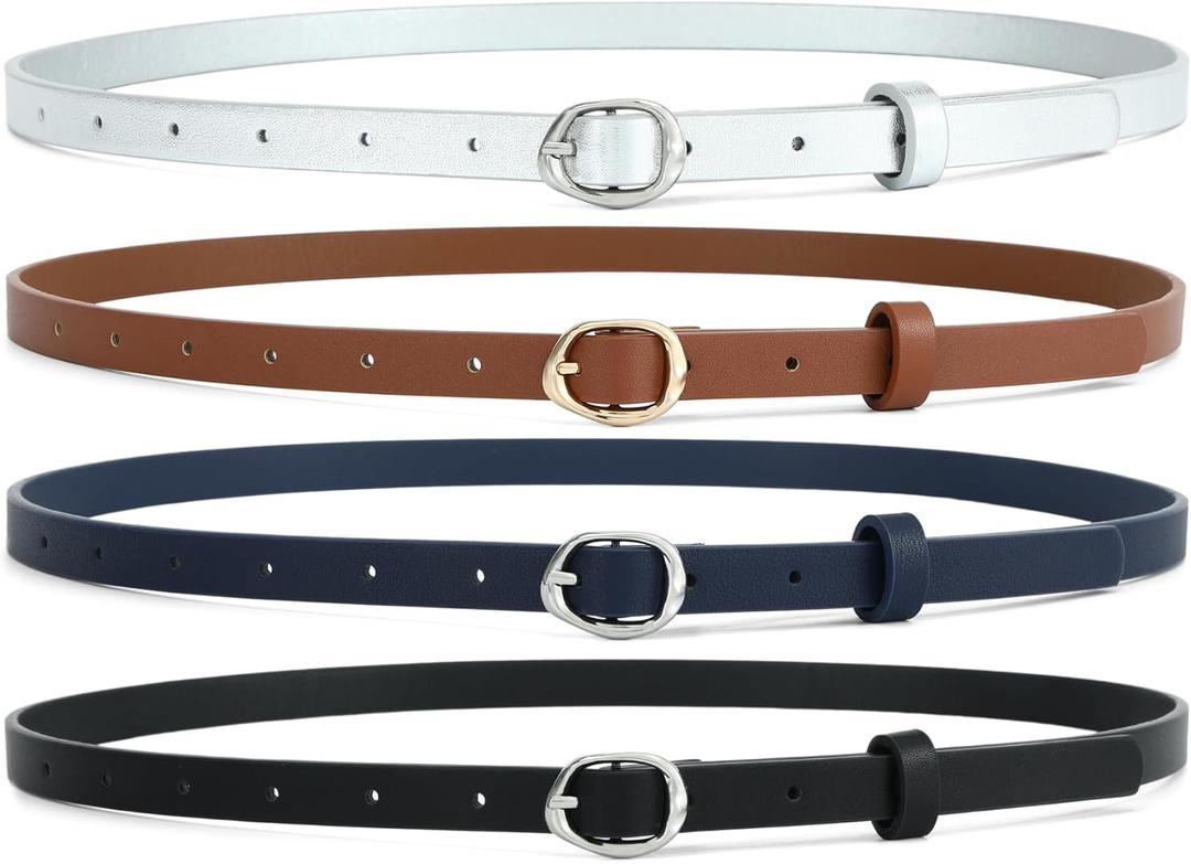 HOTWILL 4 Pack Women Skinny Belt for Dresses Jeans Pants Faux Leather Thin Waist Belts with Gold/Silver Oval Buckle (Small: 26"-28" (Pant 4-6), A_black&brown&silver&navy)