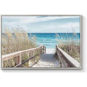 Beach Artwork Seascape Wall Art: Seaside Framed Painting Fence Pathway Picture Print on Wrapped Canvas for Living Room (36''W x 24''H, Multiple Sizes)