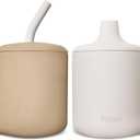 KIDSco. Silicone Sippy Cups (2 Pack)  Soft Spout/Straw & Open Training Cups for Babies 6+ Months | Easy Grip Handles, Unbreakable BPA-Free Silicone, Leak-Resistant, Dishwasher Safe (Oat and Tan)