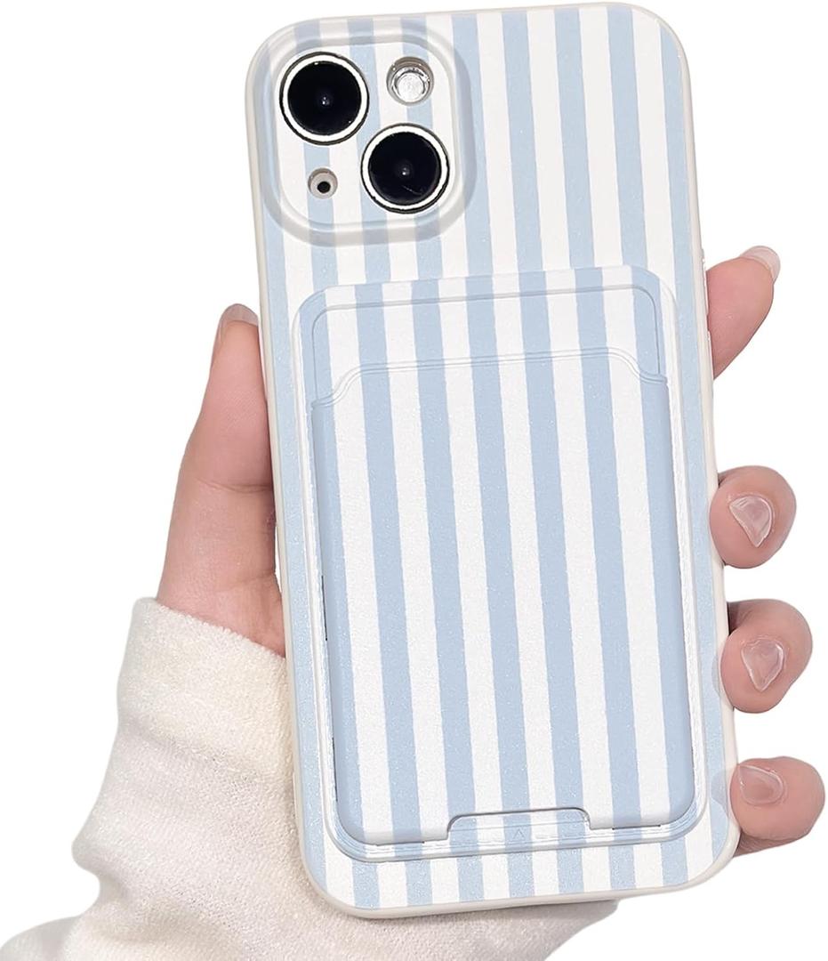 Lovmooful Compatible for iPhone 15 Case Cute Aesthetics Color Striped with Card Holder Design for Girls Women Soft TPU Shockproof More Protective Girly for iPhone 15 Case-Blue&White