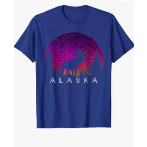 Alaska Moose Aurora Borealis - Alaskan Landscape Photo T-Shirt (Small, Royal Blue)