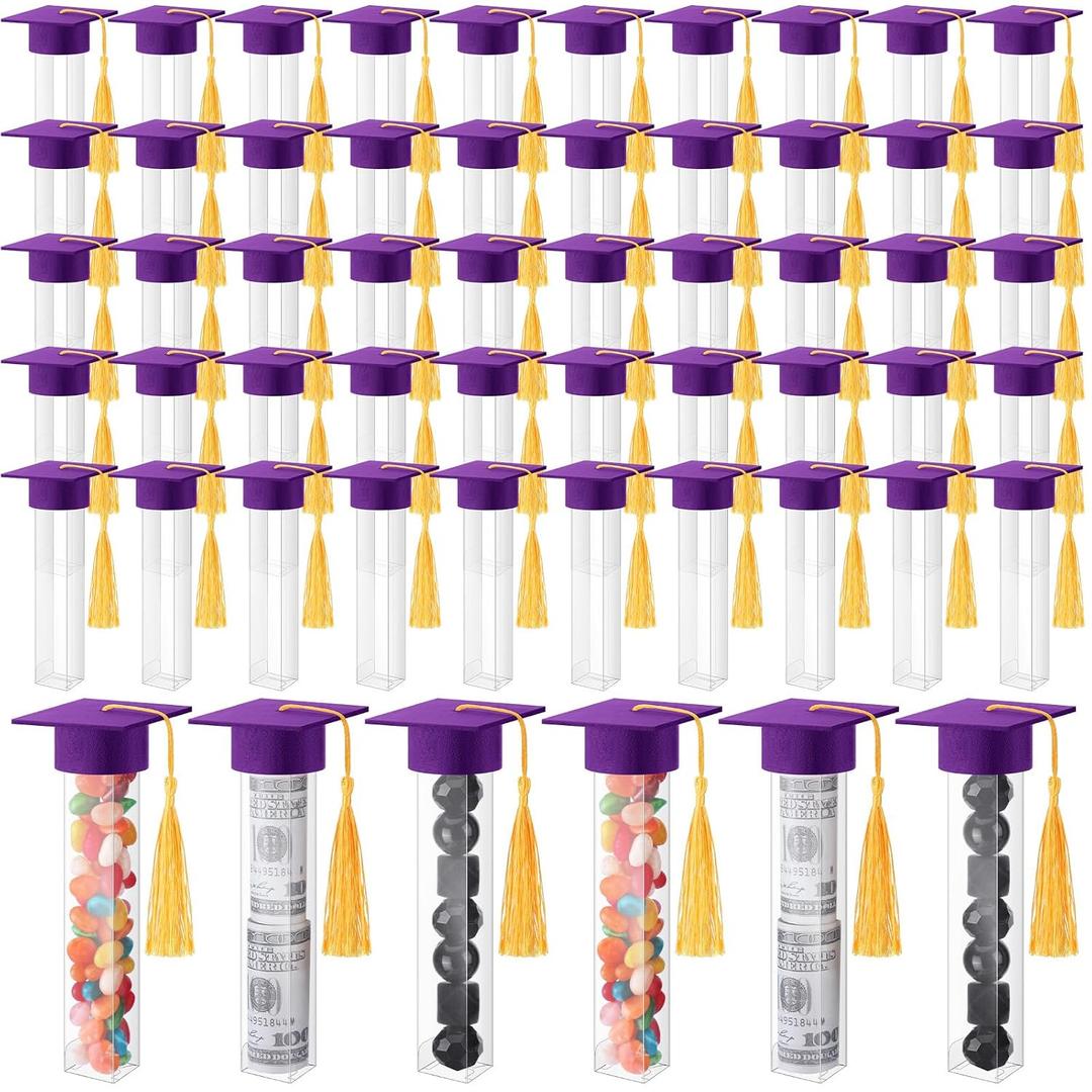 Didaey 2026 Graduation Gumball Tubes Graduation Party Favors Including 50 Pcs Candy Container and 50 Pcs Mini Caps with Gold Tassels Set for Grad Party Guests Supplies(Purple)