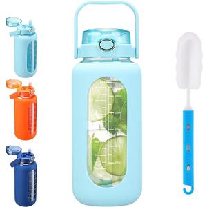 64 oz Glass Water Bottle with 2-in-1 Straw Lid Large Half Gallon Water Bottle with Time Marker & Removable Silicone Sleeve,Wide Mouth BPA-Free Borosilicate Bottle for Gym, Workout & Daily Use