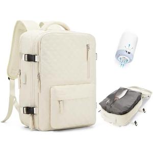 Travel Vacuum Storage Backpack with Air Pump, Vacuum Seal Compression Space Saver Bags, Clothing Vacpack 18x14x8 inches Travel Bag, Carry on Personal item, Laptop Work Backpacks Women, Men, Beige