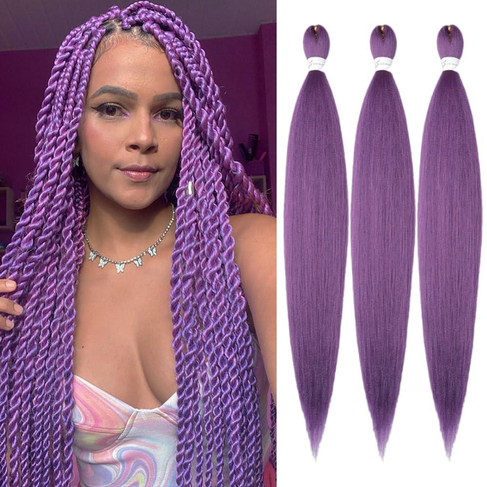 Pre stretched Purple Braiding Hair Extensions Hot Water Setting Synthetic Hair Pre Stretched Crochet Braids Hair 26 Inch Lavender Purple#