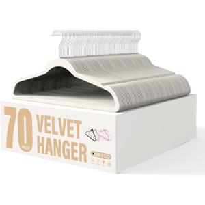 YSSOA Velvet Hangers 70 Pack, Non-Slip Clothes Hangers with Shoulder Notches, 360 Swivel Hooks, Heavy Duty Standard Hanger for Closet Space Saving, White