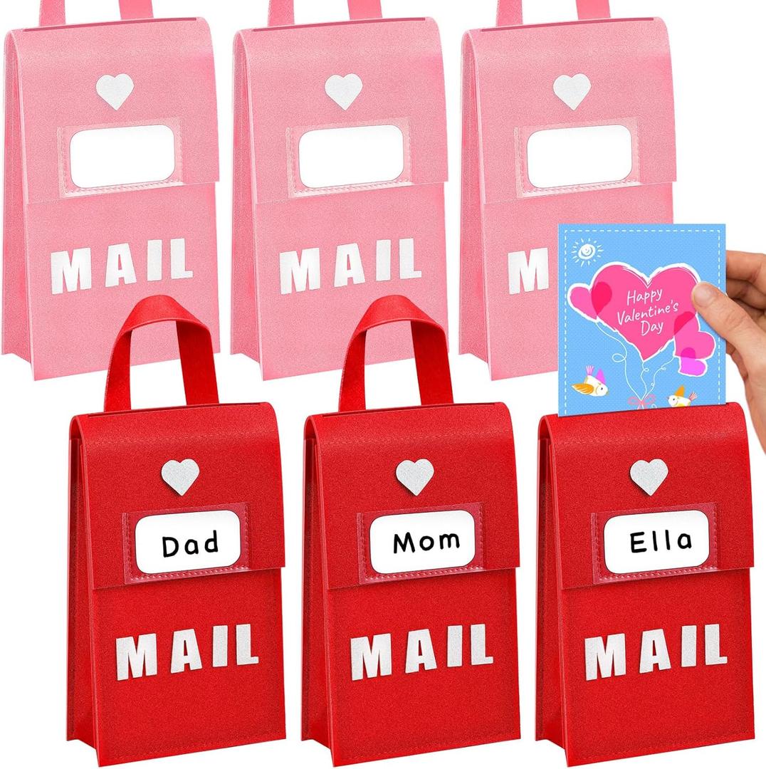 Libima 6 Pcs Valentine Felt Mailbox for Kids Classroom Exchange Gifts Holiday Card Box with 12 Cards 6 x 10 x 3 Inch Hanging Mailbox for Valentine Party Favor Supplies (Red, Pink)
