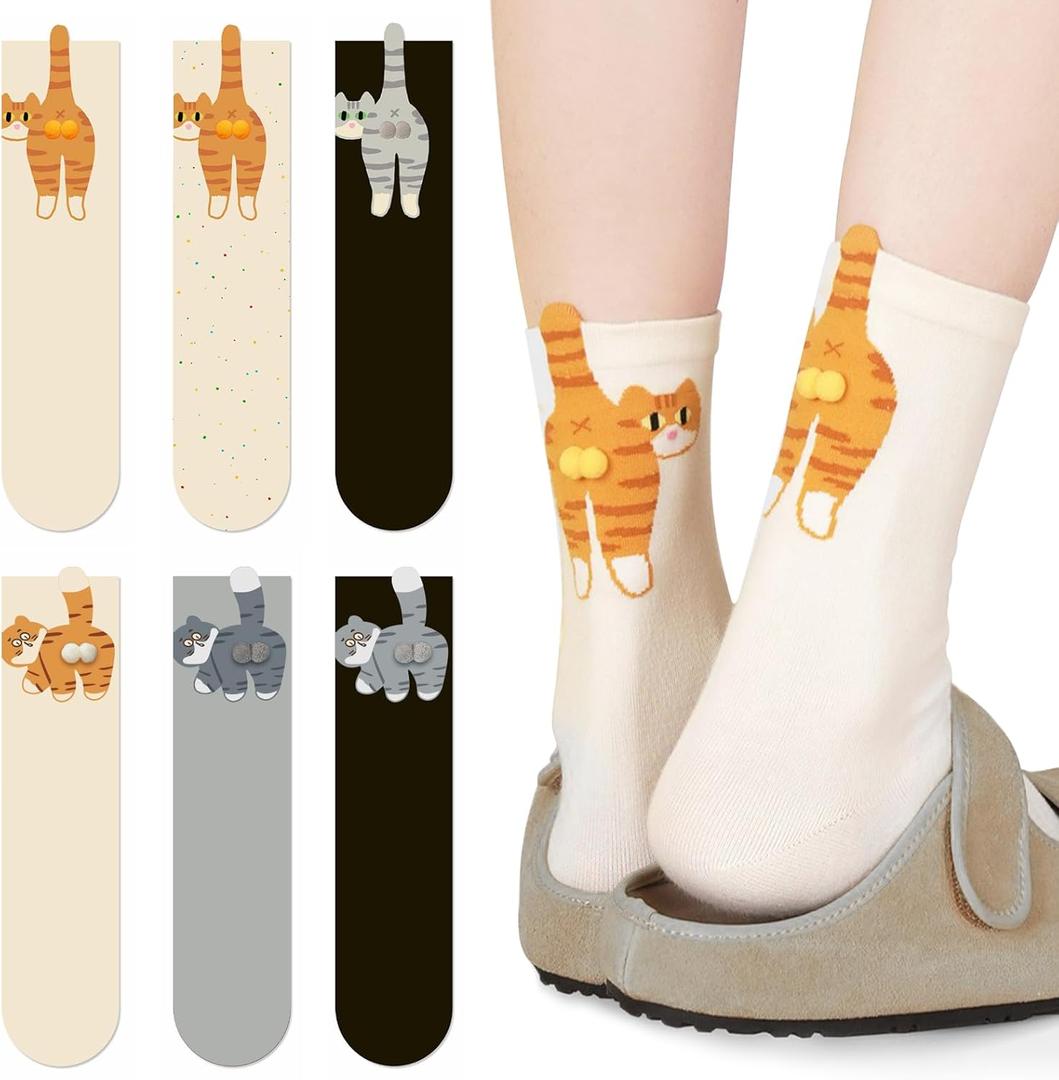 6 Pairs Cat Socks with Balls, 3D Cute Novelty Funny Animal Socks with Pompoms, Hilarious Soft Puffy Cartoon Kitten Sock Christmas Birthday Gifts for Cat Owners