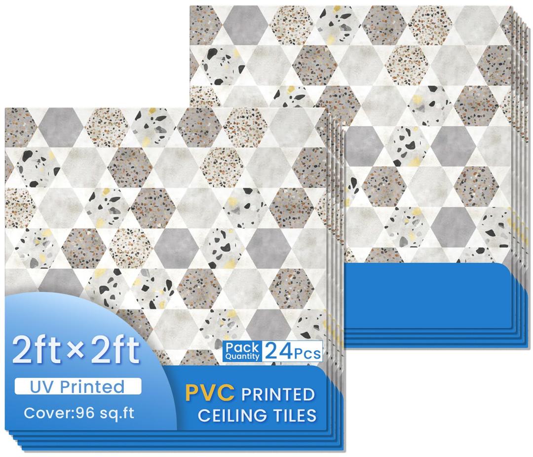LooYee 24 PCS 2x2 Ft Faux Printed PVC Ceiling Tiles, 24x24 Inch Concentric Circle Mosaic Ceiling Panels, Waterproof Washable Cuttable Material Ideal for Living Room Bedroom Basement Cover 96 Sq.Ft