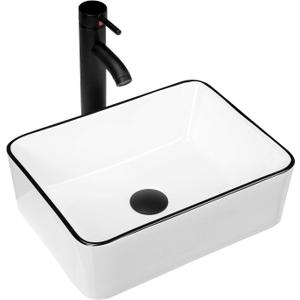 Ceramic Rectangular Bathroom Vessel Sink, 16'' x 12'' Above Counter Porcelain Small Sink with Faucet Combo, White Body with Black Trim on The Top