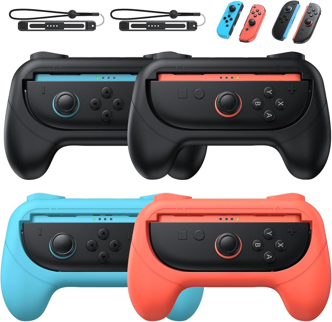 [Switch 1/2 Compatible] FASTSNAIL Grips for Nintendo Switch2 (2025)/1/OLED for Joy-Con 2, Wear-Resistant & Anti-Slip Controller Grips Handle Kit, Switch 2 Holder for Joycon 2/1 Accessories 4 Pack (Black, Black, Orange, Blue)