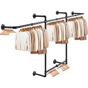 Livabber Industrial Pipe Clothes Rack, Heavy Duty Detachable Iron Garment Rack Wall Mounted, Rustic Saving Space Clothes Bar Multi-Purpose Hanging Rod for Bedroom, Closet, 2 Tier, Black (82 Inch)