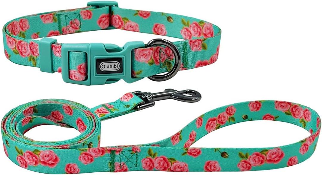 Dog Collar Leash Set, Floral Pattern, Polyester Material, Adjustable Collar and 5ft Matching Leash, for Medium Dogs.(M, Green Rose)