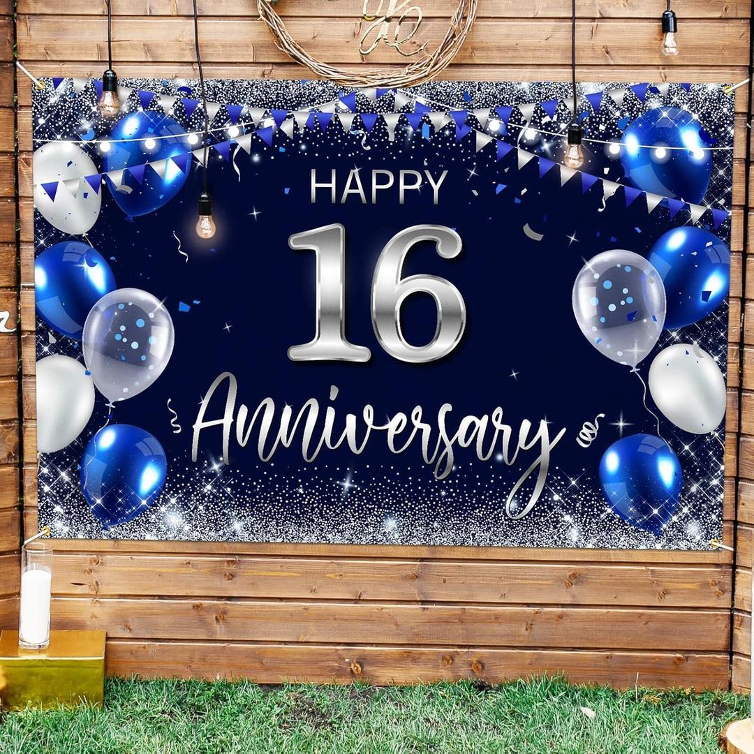 Happy 16th Anniversary Backdrop Banner Decor Navy Blue  Silver Glitter Happy 16 Years Wedding Anniversary Party Theme Decorations for Women Men Supplies (16)