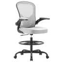 Drafting Chair, Tall Office Chair with 3D Lumbar & Head Support, Ergonomic Mesh Standing Desk Chair with Footring, Comfy Extended High Desk Chair with Flip-Up Arms & Hanger,Gray