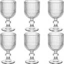 Vintage Glassware Water Goblets Drinking Clear Wine Glasses set of 6 Embossed Drinkware Stemware 13 oz for Wedding Party Bar Christmas