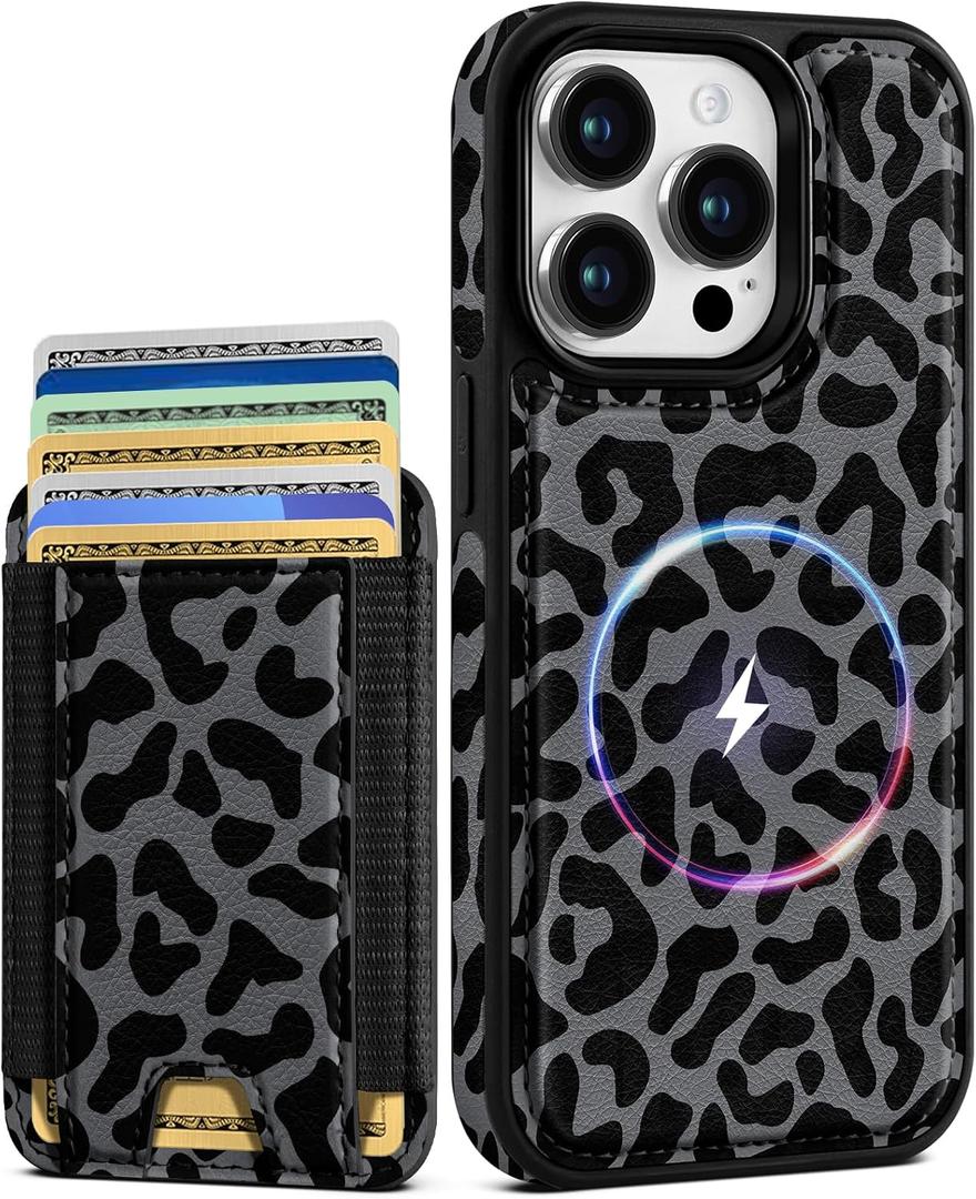Shorogyt for iPhone 14 Pro Max Case Wallet - Fits 5 Cards, Compatible with Magsafe Detachable Magnetic Credit Card Holder Leather Cardholder Cute Phone Cover Women Girls for Apple 14 ProMax, Leopard