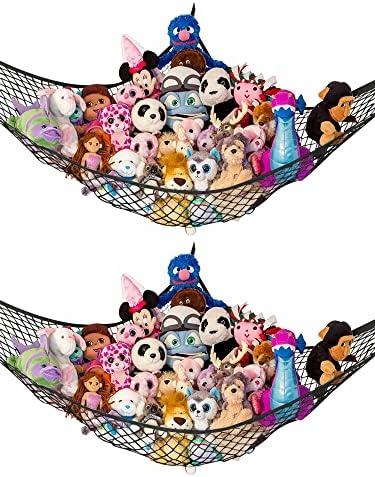 Stuffed Animal Hammock | Corner Hanging Organizer, Stuffed Animal Storage | Easy to Hang Plushie Net w/Included Anchors & Hooks | Cute Room & Bedroom Decor (Black, 2 Pack)