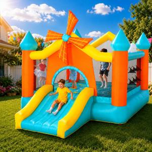 Bounce House for Kids 3-10, Large 12.5 × 10FT Windmill Inflatable Bouncy Castle, with Slide & Dual Basketball Hoops & Spacious Jump Area, Outdoor Backyard Birthday Party, with 550W Blower