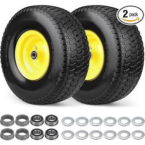 2 Pcs 15x6.00-6 Flat Free Lawn Mower Tire and Wheel,15x6-6 Front Tire Assembly Compatible with John Deere Husqvarna Riding Mowers Lawn Tractors,with 3/4" & 5/8" Bearing-1"Bushings,3" Centered Hub