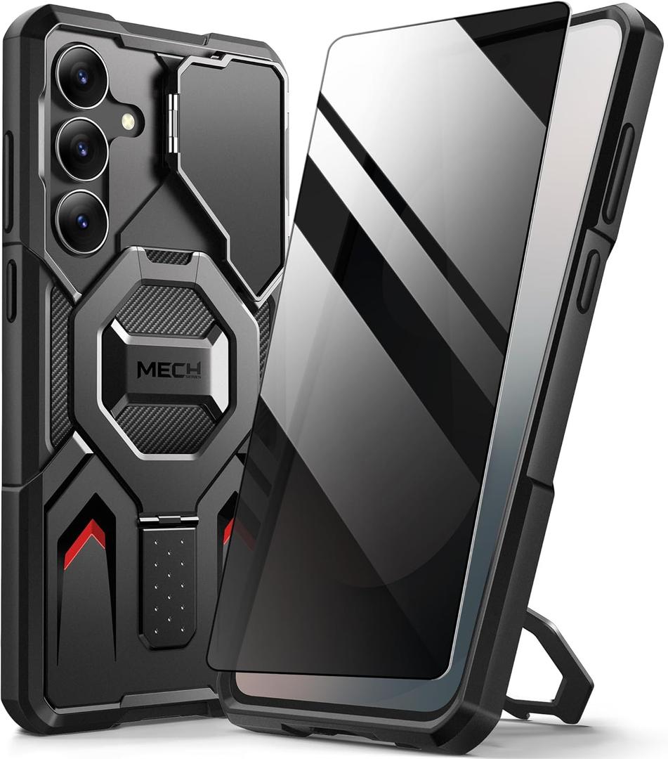 TONGATE Magnetic for Samsung Galaxy S25 FE Case with Privacy Screen Protector, [Compatible with MagSafe][Camera Protective Cover][Military-Grade Protection] Ring Stand Phone Case S25 FE 6.7", Black