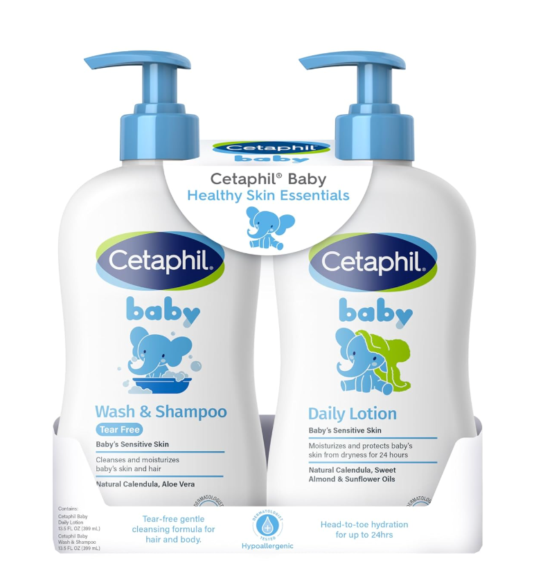 Cetaphil Baby Wash & Shampoo Plus Body Lotion, Healthy Skin Essentials, Head to Toe Hydration for up to 24 Hours, for Delicate, Sensitive Skin, 2Pack,White